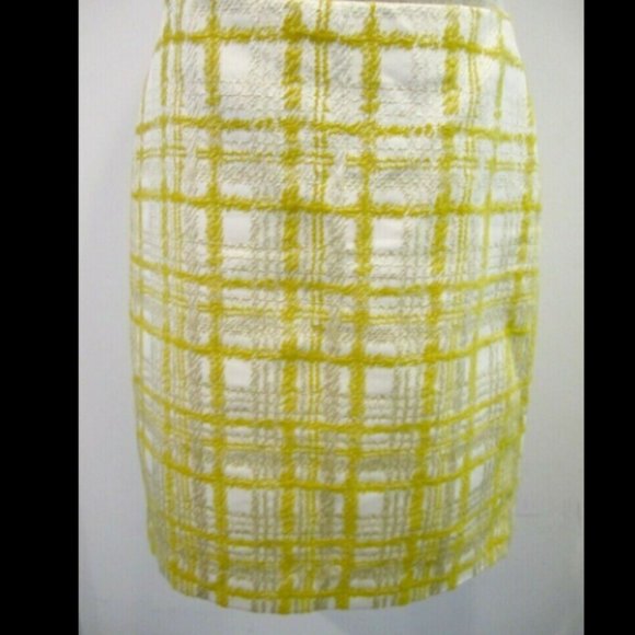10P Talbots jacquard STUNNING cotton blend YELLOW CREAM textured PLAID skirt 21" - Picture 1 of 10